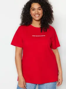 Trendyol Plus Size Typography Printed Pure Cotton T-Shirt