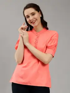 ENTELLUS Coral Mandarin Collar Puff Sleeve Shirt Style short Top