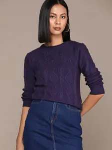 Roadster Women Self Design Cable Knit Pullover Sweater