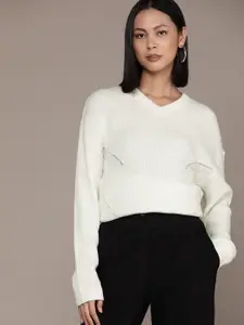 Roadster Women Self Design Cable Knit Pullover Sweater