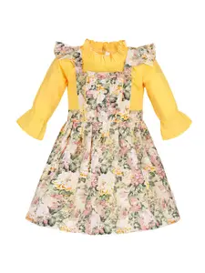 Wish Karo Yellow Floral Print Satin Fit & Flare Dress