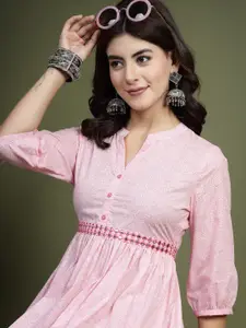 Sangria Floral Printed Mandarin Collar Mirror Work Cotton Fit & Flare Midi Ethnic Dress