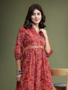 Sangria Floral Printed Mirror Work Cotton Fit & Flare Midi Ethnic Dress