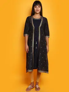 V-Mart Geometric Printed Thread Work Chanderi Cotton Layered A-Line Kurta