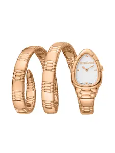 Roberto Cavalli by Franck Muller Women Silver-Toned Dial & Rose Gold Toned Stainless Steel Straps Watch