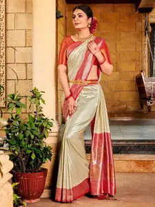 Saree mall Cream-Coloured & Red Paisley Silk Blend Designer Kanjeevaram Sarees