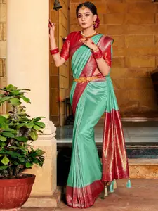 Saree mall Turquoise Blue & Red Paisley Silk Blend Designer Kanjeevaram Sarees