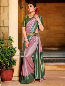 Saree mall Mauve & Green Paisley Silk Blend Designer Kanjeevaram Sarees