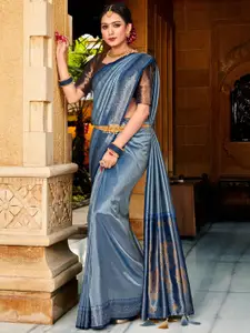 Saree mall Blue & Gunmetal-Toned Paisley Silk Blend Designer Kanjeevaram Sarees