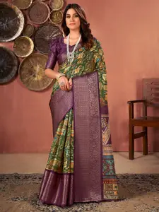 Saree mall Green & Purple Ethnic Motifs Printed Sungudi Sarees