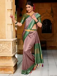 Saree mall Mauve & Green Paisley Silk Blend Designer Kanjeevaram Sarees