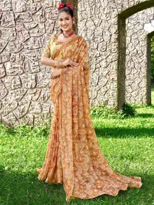 Saree mall Orange Floral Pure Chiffon Designer Sarees