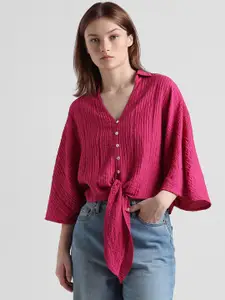 ONLY Self Design Flared Sleeves Tie-Up Detail Shirt Collar Crop Top