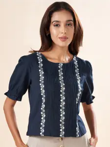 AKKRITI BY PANTALOONS Floral Embroidered Round Neck Puff Sleeves Cotton Regular Top