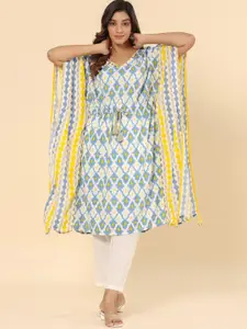 SAVI Abstract Printed V-Neck Kimono Sleeves Kaftan Kurta