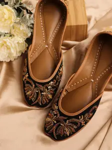 NR By Nidhi Rathi Women Black Embellished Ethnic Mojaris with Embroidered Flats