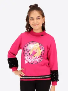 CUTECUMBER Girls Barbie Printed Embellished Fleece Pullover Sweatshirt