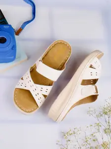 The Roadster Lifestyle Co. White & Beige Laser Cuts Open Toe Flats
