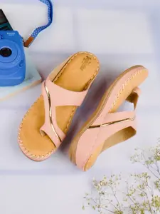 The Roadster Lifestyle Co. Nude Pink & Gold-Toned Stitch Detail One Toe Flats