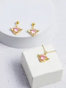 DressBerry Gold-Plated Crystal Studded Angel-Heart Shaped Pendant Jewellery Set