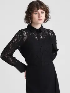 ONLY Slim Fit Self Design Lace Detail Semi Sheer Casual Shirt