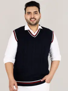 Sztori Plus Size Cable Knit Self Design V-Neck Acrylic Sweater Vest