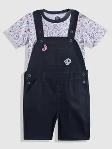 YK Boys Printed Pure Cotton Dungarees with T-shirt