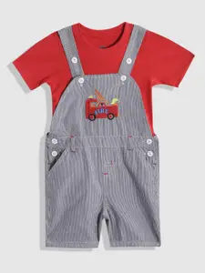 YK Boys Striped Embroidered Detail Pure Cotton Dungarees with T-shirt