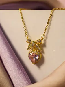 DressBerry Gold-Toned & Pink Stone-Studded Bow Necklace