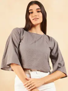 InWeave Grey Striped Flared Sleeve Cotton Crop Top