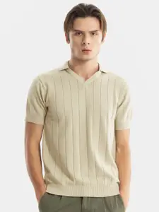 Snitch Beige Striped Polo Collar Slim Fit Pure Cotton T-shirt
