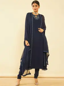 Soch Blue Yoke Design Keyhole Neck Bead Georgette Kurta with Churidar & Dupatta with Shrug