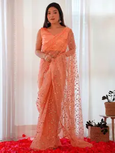 Saree mall Peach-Coloured Embellished Sequinned Net Designer Sarees