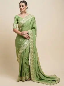 Saree mall Green Embellished Embroidered Satin Designer Sarees