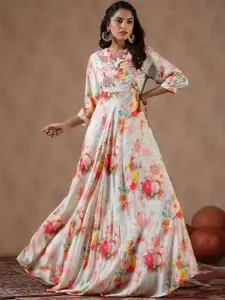 SCAKHI Floral Printed Cuffed Sleeves Embellished Satin Silk Empire Ethnic Dress
