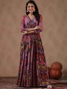 SCAKHI Ikat Printed V-Neck Gathered Chinon Silk Empire Maxi Length Ethnic Dress