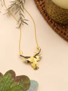 Kicky And Perky 925 Sterling Silver Gold-Plated Stone-Studded Reindeer  Pendant With Chain