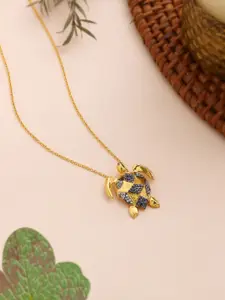 Kicky And Perky 925 Sterling Silver Gold-Plated Stone-Studded Turtle 
 Pendant With Chain