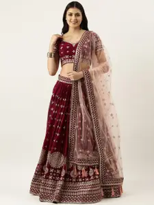 VAANI CREATION Burgundy & Embroidered Sequinned Semi-Stitched Lehenga & Unstitched Blouse With Dupatta