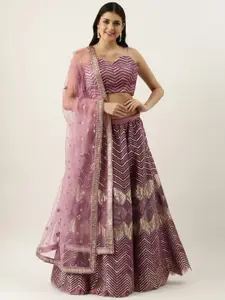 VAANI CREATION Lavender & Embroidered Sequinned Semi-Stitched Lehenga & Unstitched Blouse With Dupatta