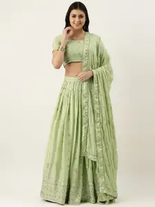 VAANI CREATION Fluorescent Green & Embroidered Sequinned Semi-Stitched Lehenga & Unstitched Blouse With