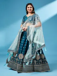 VAANI CREATION Teal & Embroidered Sequinned Semi-Stitched Lehenga & Unstitched Blouse With Dupatta