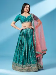 VAANI CREATION Green & Embroidered Sequinned Semi-Stitched Lehenga & Unstitched Blouse With Dupatta