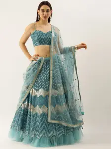 VAANI CREATION Sea Green & Embroidered Sequinned Semi-Stitched Lehenga & Unstitched Blouse With Dupatta