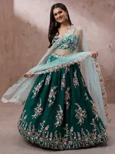 VAANI CREATION Teal & Embroidered Sequinned Semi-Stitched Lehenga & Unstitched Blouse With Dupatta