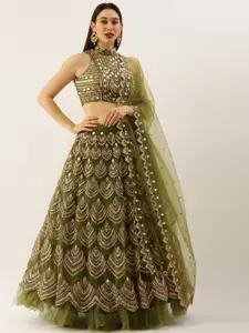 VAANI CREATION Olive Green & Embroidered Semi-Stitched Lehenga & Unstitched Blouse With Dupatta