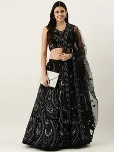 VAANI CREATION Black & Embroidered Sequinned Semi-Stitched Lehenga & Unstitched Blouse With Dupatta