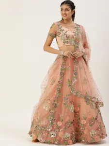 VAANI CREATION Peach-Coloured & Embroidered Sequinned Semi-Stitched Lehenga & Unstitched Blouse With Dupatta