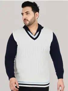 Sztori Plus Size V-Neck Self Design Acrylic Sweater Vest Sweater