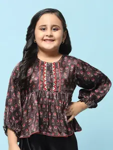 Biba Ethnic Motifs Printed puff Sleeves Gathered Cinched Waist Top